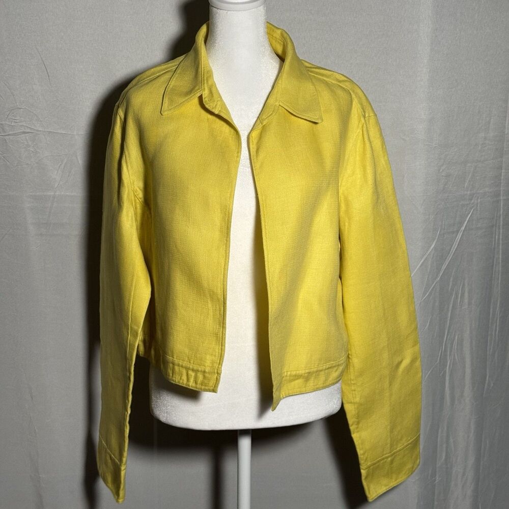 Ellen Tracy 100% Linen Jacket Yellow Open Front Lightweight Size 14